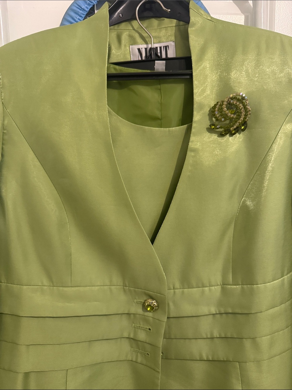 Nannette Lime Green Satin Blazer with Decorative Brooch Accent